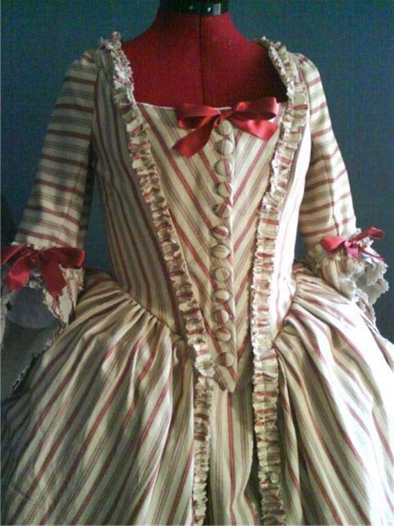 1770 - 1790 Century, Colonial, Cotton Polonaise Gown, hand pinked with silk ribbon, Made to Order