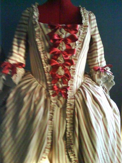 1770 - 1790 Century, Colonial, Cotton Polonaise Gown, hand pinked with silk ribbon, Made to Order