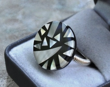 Wire Wrapped Ring, Mother of Pearl,  Black and White Ring, Geometrical Ring, Custom Made, Silver Ring
