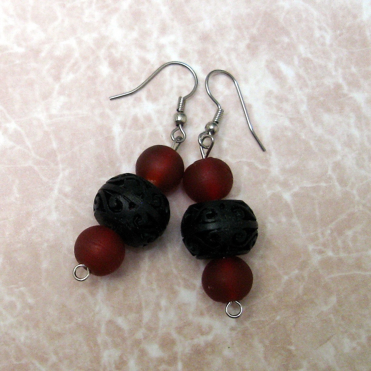 Frosted Glass Bead and Faux Cinnabar Earrings