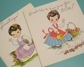 Vintage Little Girl Any Occasion Cards - Saying Hello - Blank Inside - 2 Cards