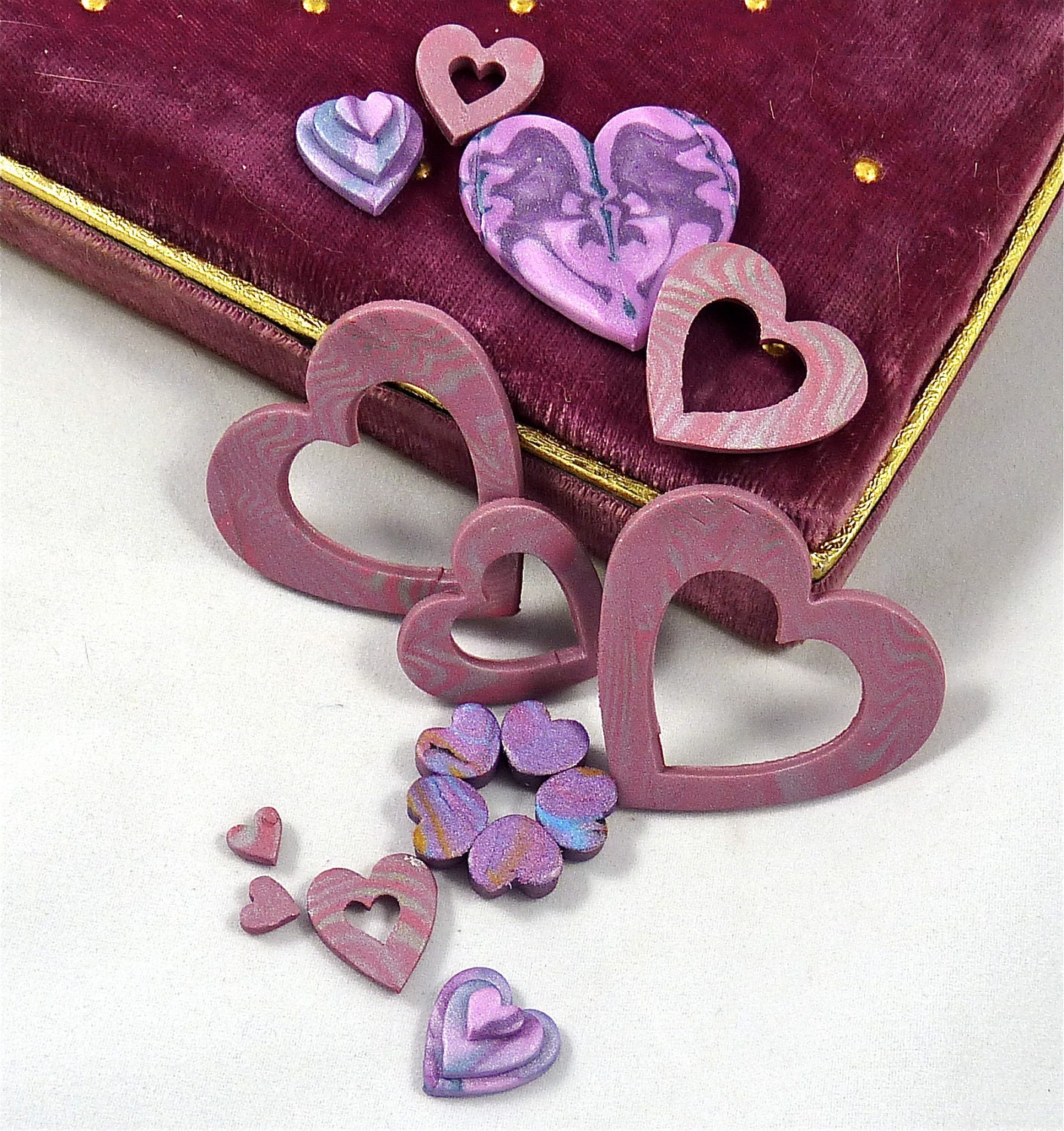 Polymer Clay Hearts in Purples and Rose Colors