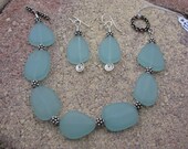Aqua Blue Sea Glass and Silver Bracelet and Earring Set