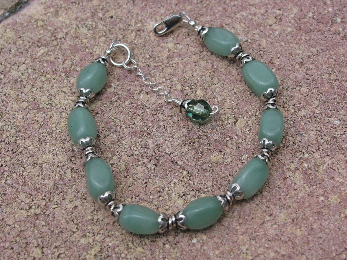 Aventurine and Bali Silver Bracelet with Erinite Swarovski Crystal and Sterling Assist Chain