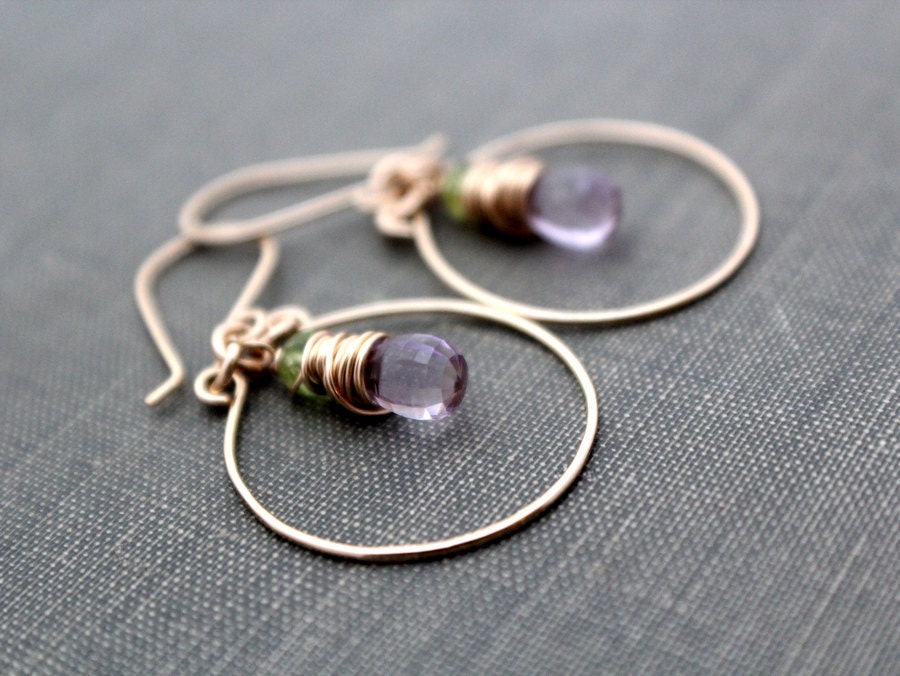 Amethyst Peridot Gold Hoops - Pink Amethyst & Peridot In 14K Gold Filled, August February Birthstone, Gifts Under 50