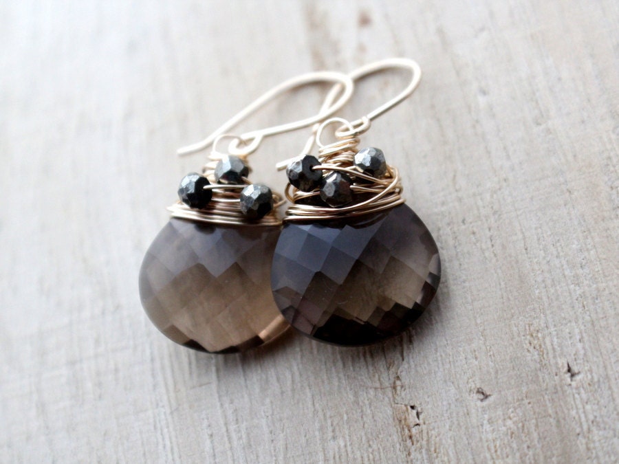 Smoky Quartz Earrings With Woven Pyrite In 14K Gold Filled, Wire Wrapped, Chocolate Stone, AAA Gemstone