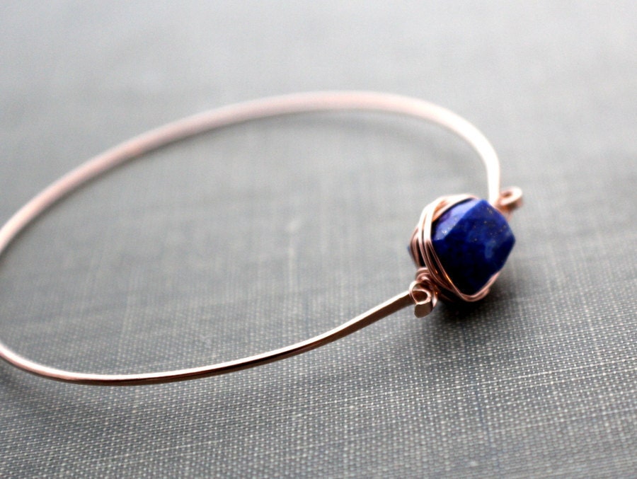 Lapis Lazuli Rose Gold Bracelet, Bezel Style Wire Wrap, 14K Gold Filled Cuff, Bangle, Minimalist Fashion