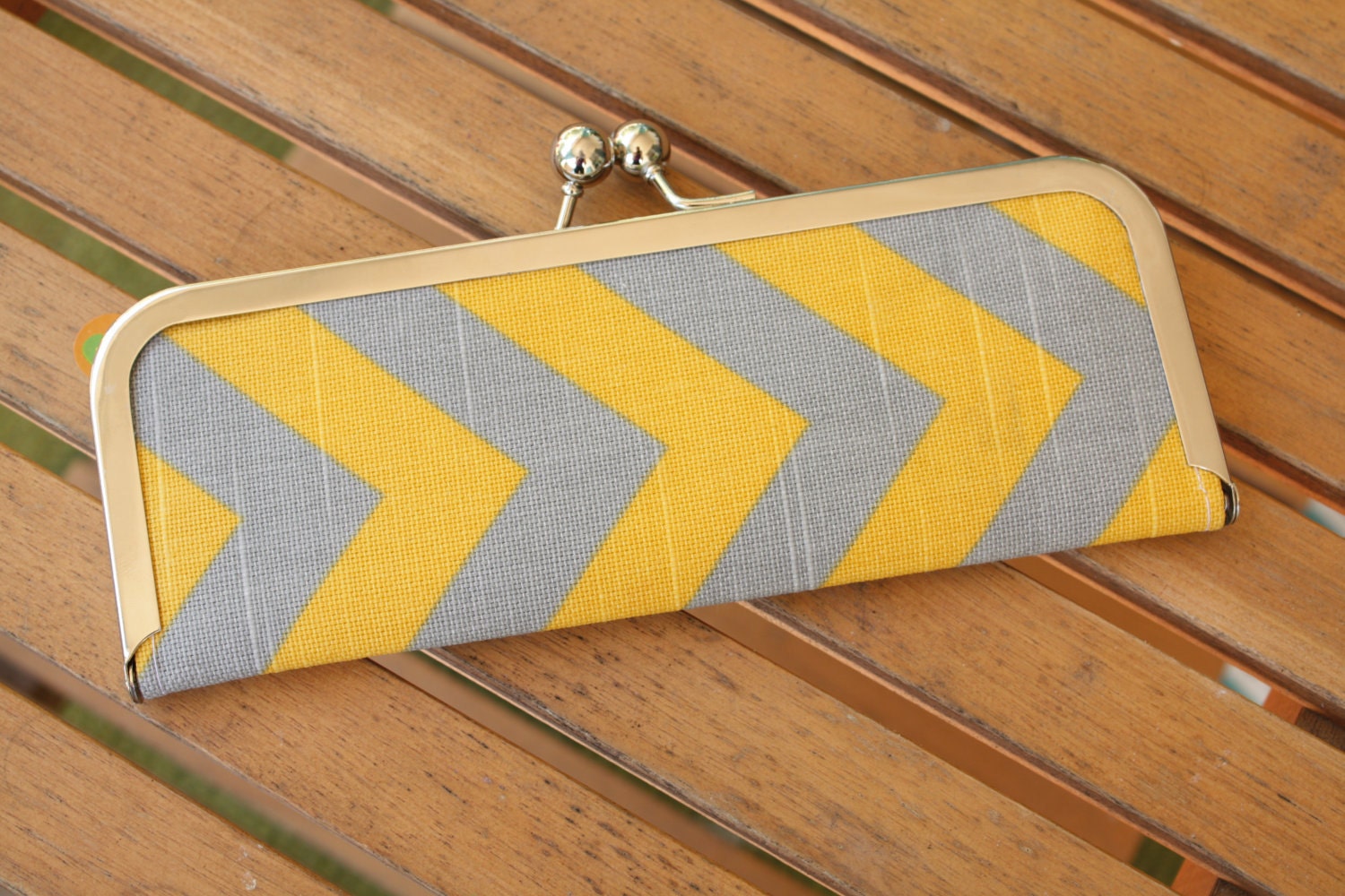Chevron Wallet - Clutch Wallet - Gray and Yellow Chevron Slim Kisslock Frame Wallet