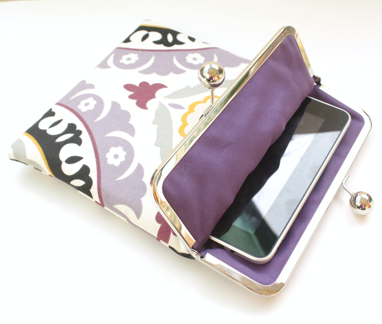 Purple iPad Case or Sleeve with Kisslock Frame - iPad Case or Clutch - Notebook Clutch - Purple, Gray, Yellow Damask Print