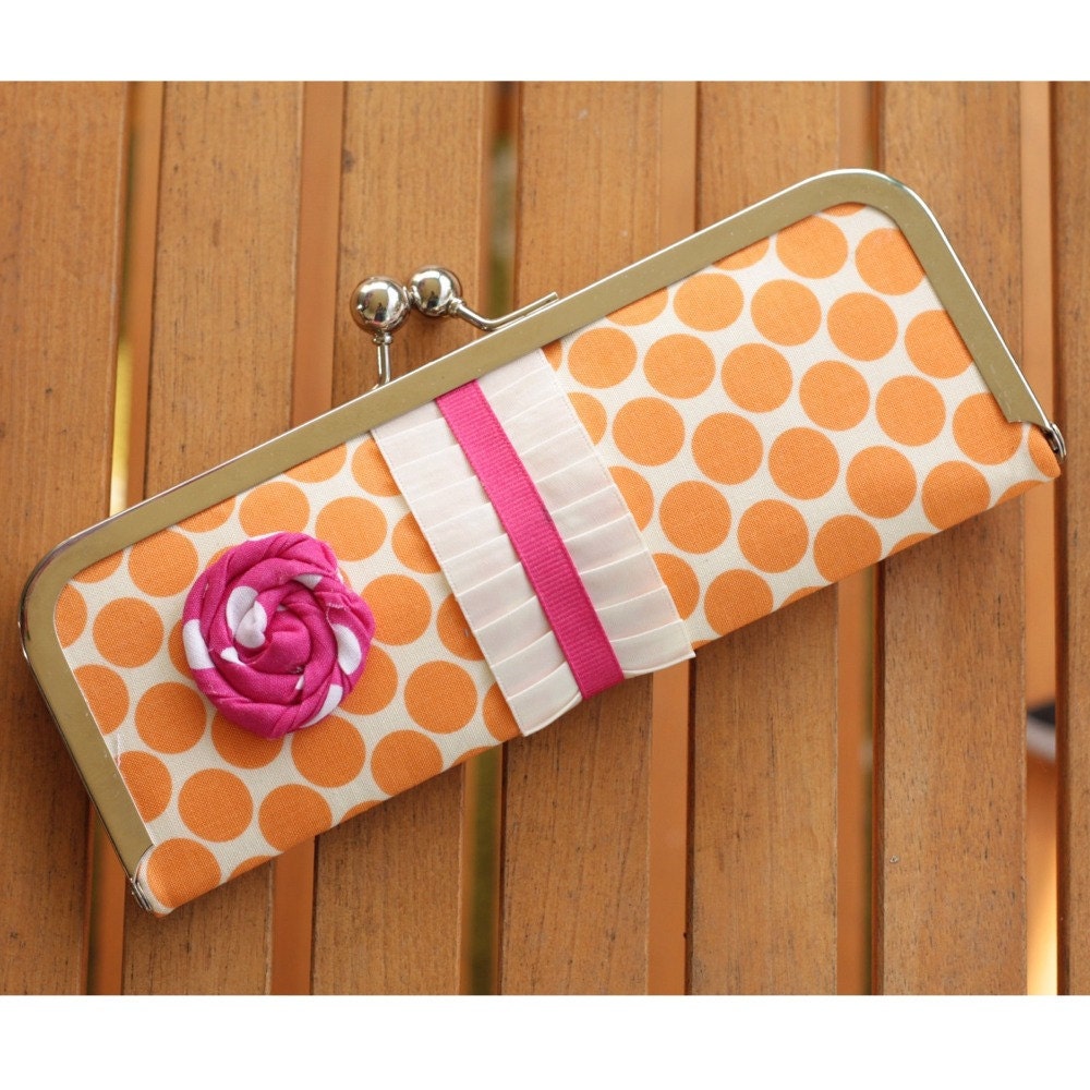 Kisslock Frame Wallet with Orange and White Polka Dot Fabric and Pink and White Ruffle