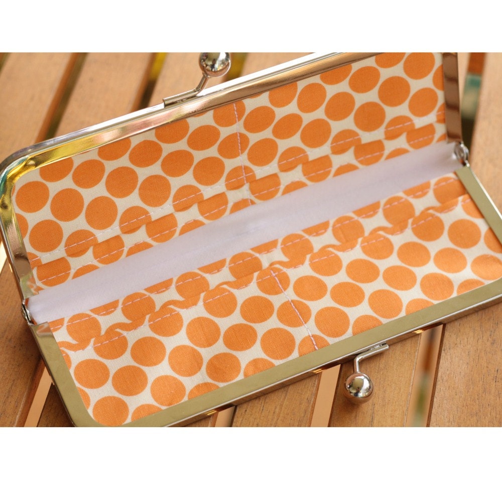 Kisslock Frame Wallet with Orange and White Polka Dot Fabric and Pink and White Ruffle