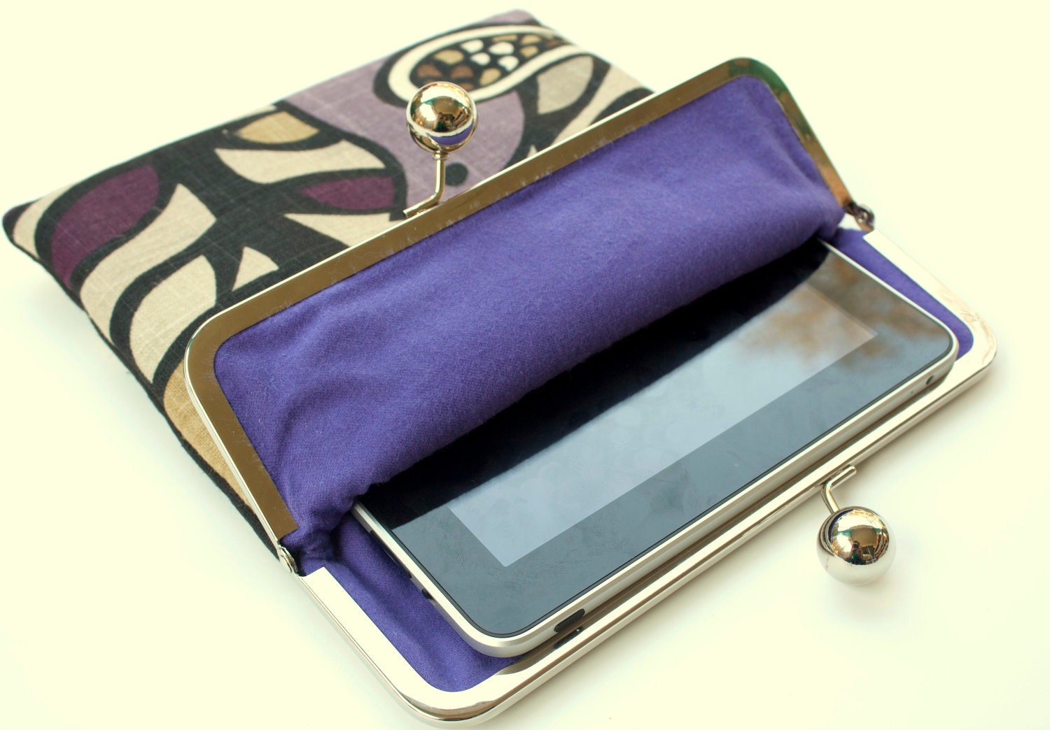 Purple Bird iPad Case or Sleeve with Kisslock Frame - iPad Case or Clutch - Notebook Clutch - Purple and Beige Bird and LeafPrint Linen