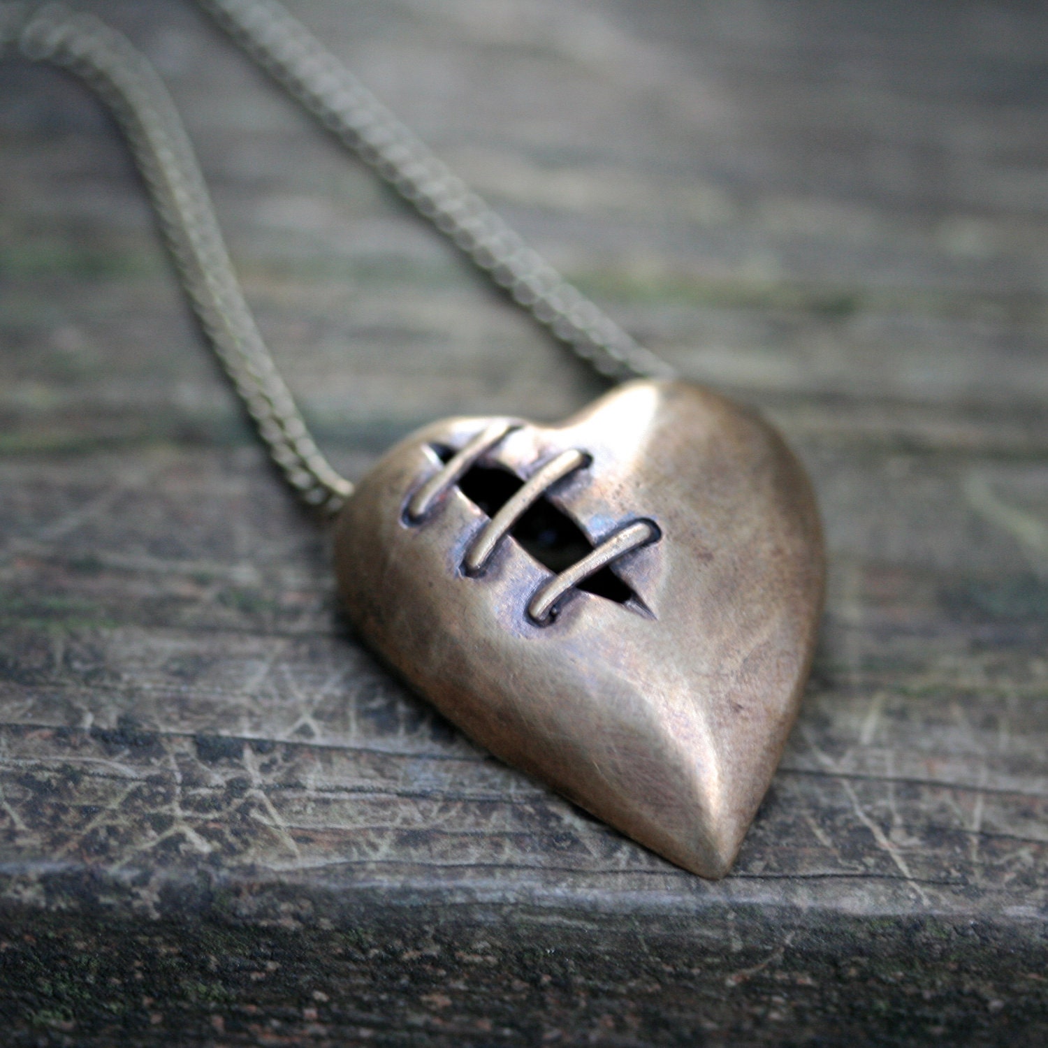 Sutured Heart necklace natural bronze brass chain