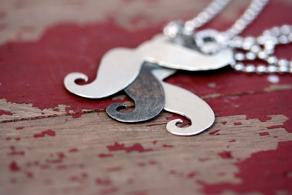 Whimsical mustache pendant sterling silver steel ball chain