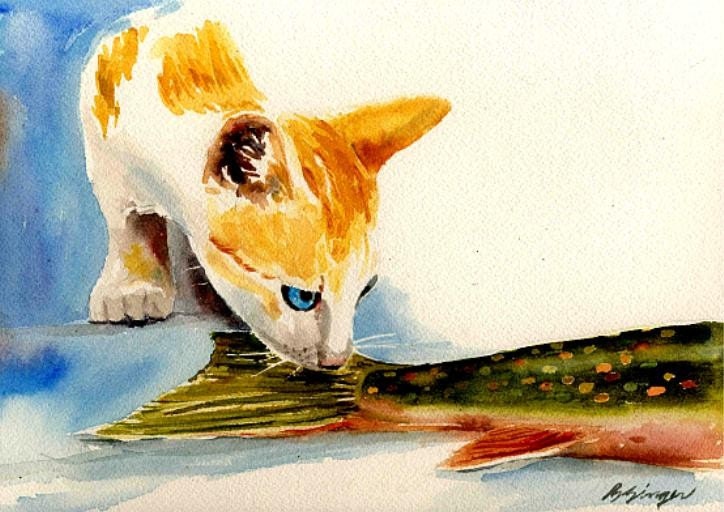 Curious cat sniffs a Trout 10X8 Cottage Art Print