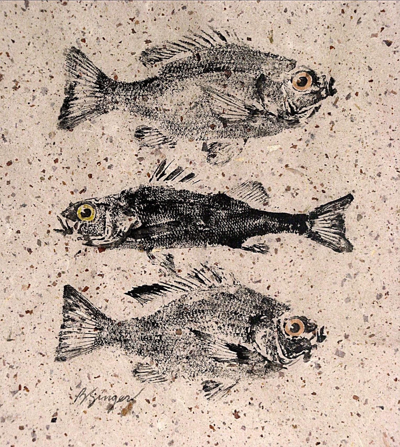 Fish rubbing (GYOTAKU) original 2 bluegills and a perch on natural paper