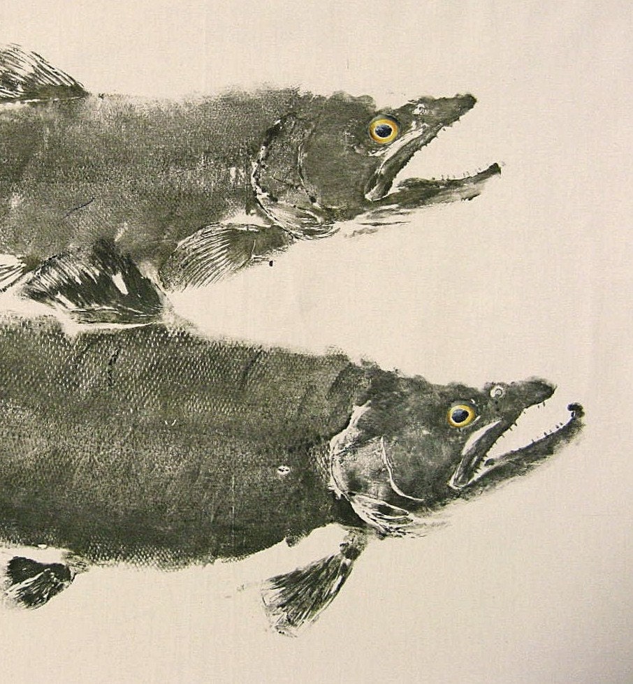 Two Brown Trout, male and female, Original GYOTAKU Fish Art Rubbings on natural muslin