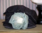 Hat, TATTERED MAE ships free,SAle sweet sweet cloche hat, inside out seams, black denim like faded fabric, flower