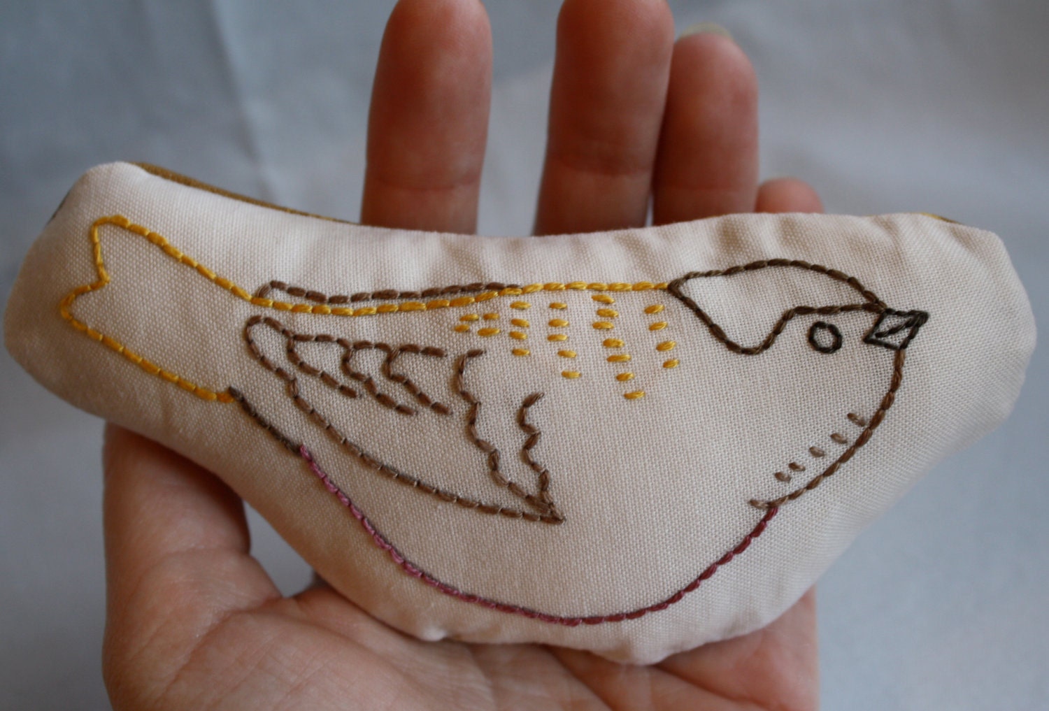 Soft Baby Toy - Bird Rattle in Brown, Yellow and Mauve