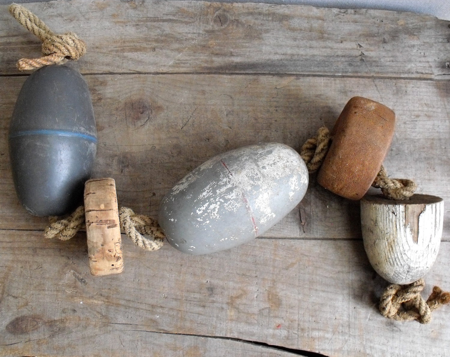 Vintage Bouys on Weathered Rope : Nautical Coastal Home