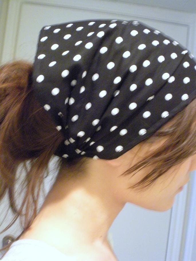 BLACK WHITE HOBO Polka Dot expandable bandanna scrunch headband by Mixbaby