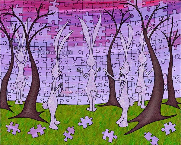 bunnies & puzzles - signed digital illustration art print 8X10 inches, purple mauve magenta green rabbits