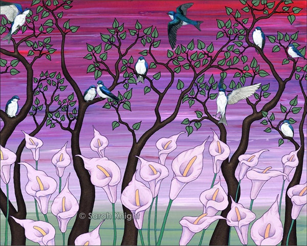 calla lilies & tree swallows - signed digital illustration art print 8X10 inches - pink flowers magenta mauve lilac birds trees green