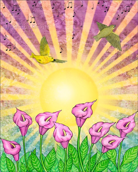 yellow warblers sunshine song - signed fine art print 8X10 inches, bird sunshine purple calla lilies