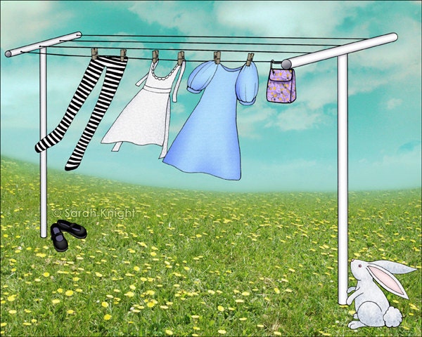 wonderland wash - signed digital illustration art print 8X10 inches by Sarah Knight, laundry aqua blue green white bunny