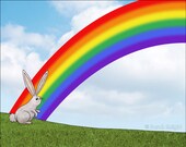 hopscotch wishes - signed fine art print 8X10 inches - bunny rabbit rainbow illustration