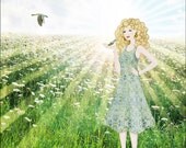 light and lace - signed digital illustration art print 8X10 inches, summer sunshine girl birds vireos green queen anne's lace white yellow