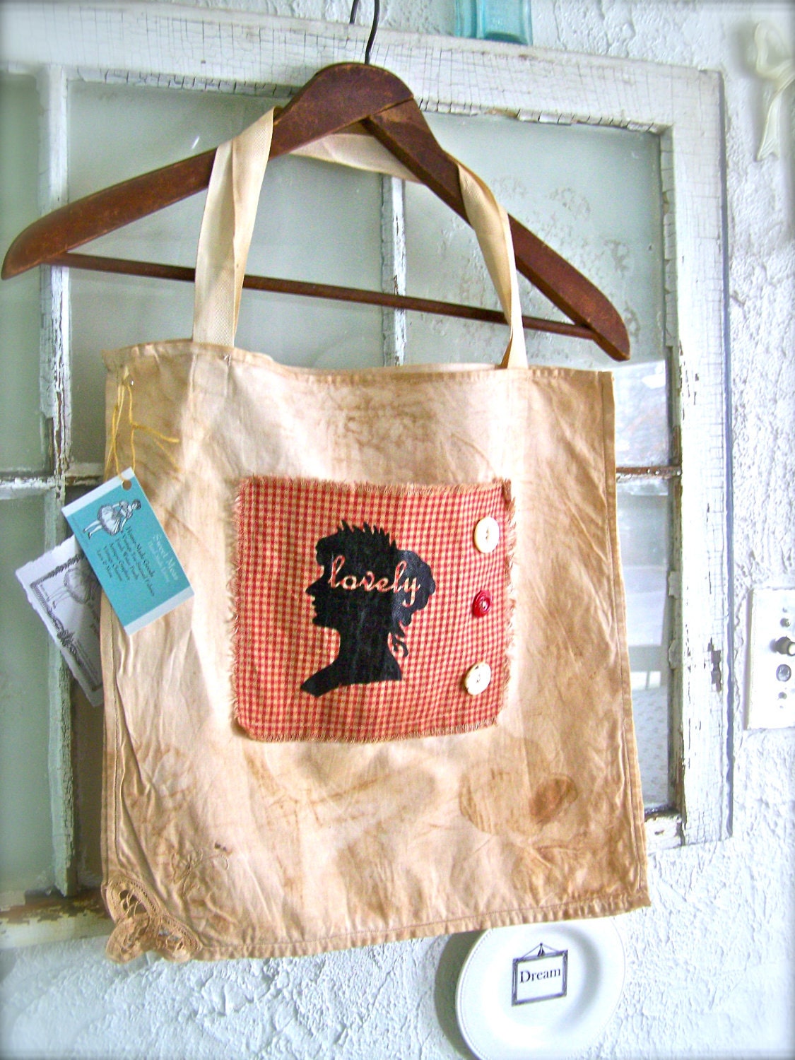 Farmhouse Tote Bag Spring Tea Stained Vintage Linens SWEET & Girly Gingham check Red cameo lovely hand screened printed Old Buttons
