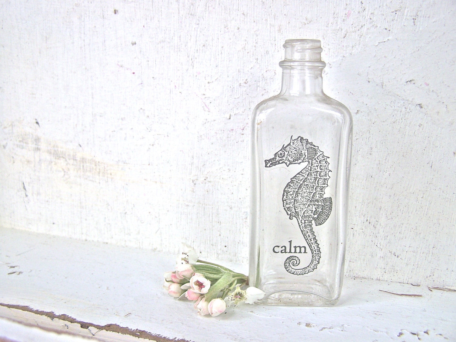 Beach Cottage Chic, Glass Vase, Seahorse, Mini Vase, Old Bottle, Shabby Chic Home Decor, Beach House, Recycled Glass Bottle