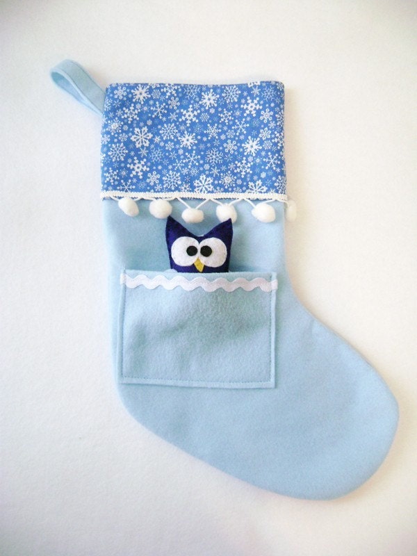 Felt Christmas Stocking - Pocket Peeper Owl - Winter Wonderland - Blue Snowflakes