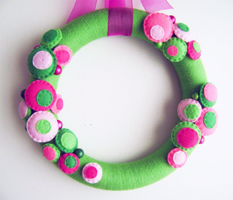 Yarn and Felt Wreath - Watermelon - Dot and Bauble - Pink Lime Green Fuchsia