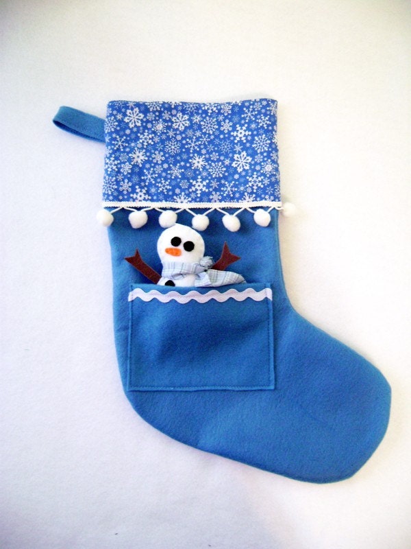 Holiday Stocking - Pocket Peeper Snowman - Winter Wonderland - Blue Snowflakes