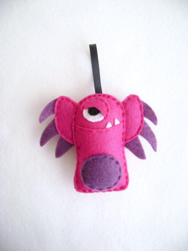 Felt Holiday Ornament - Argyle the Earwing Monster - Magenta and Purple