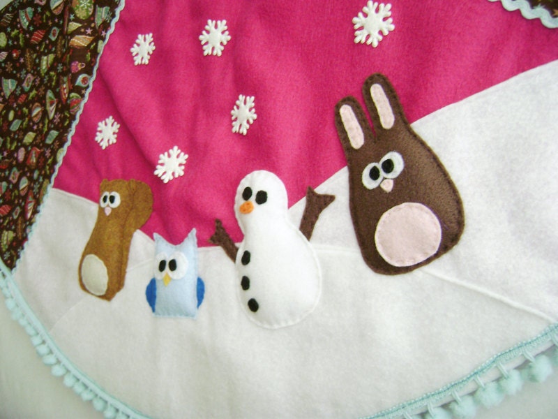 Christmas Tree Skirt - Fruitcake Fa La La - Magenta and Brown - Squirrel Snowman Owl Bunny