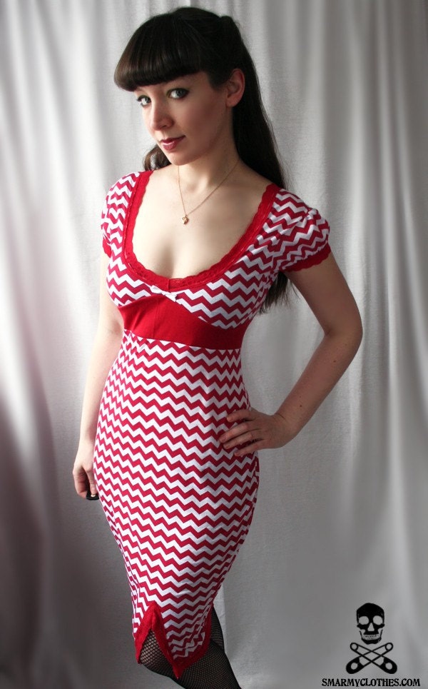 chevron zigzag rockabilly wiggle dress - RocknRoll Ramona - handmade custom size - smarmyclothes
