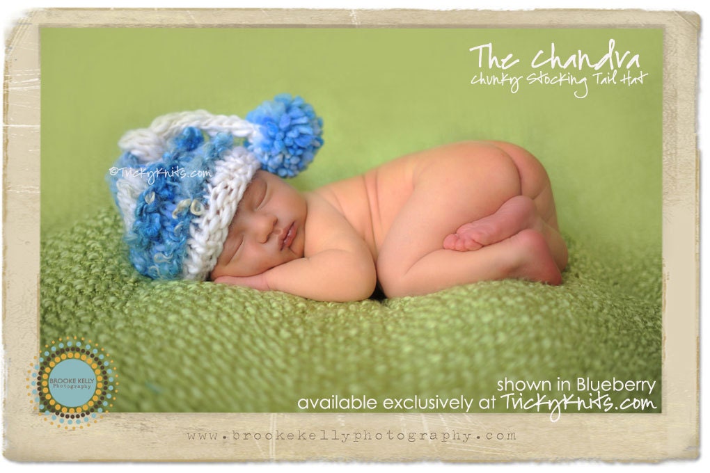 Baby boy hat newborn photography prop or  gift - chunky stocking tail handknit hat for infant in NEW COLORS white and blue handspun