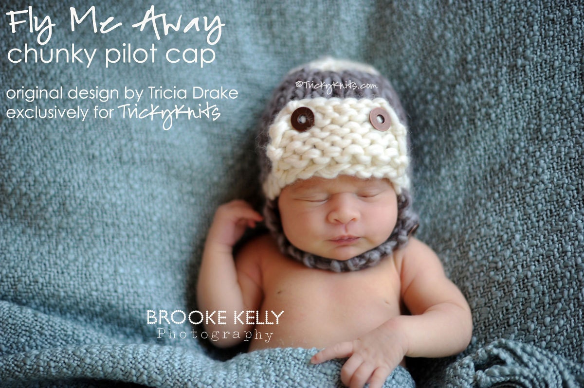 Baby boy hat or newborn girl photo prop handknit pilot aviator cap beanie with earflaps and chinstrap by TrickyKnits - Fly Me Away