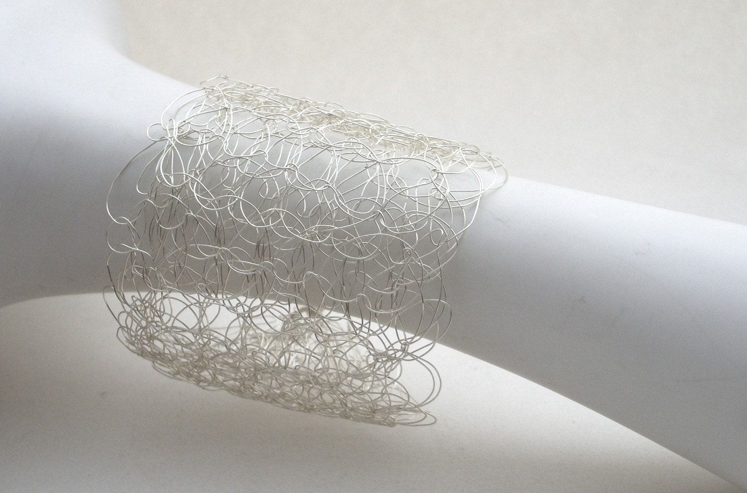Lace Like Cuff Bracelet In Silver - Knitted and Woven Wire - Medium Width