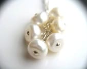White Pearl Drop Necklace . White Pearl Cascade Necklace . Silver Chain Wire Wrap Necklace . White Wedding Jewelry - Decca Collection