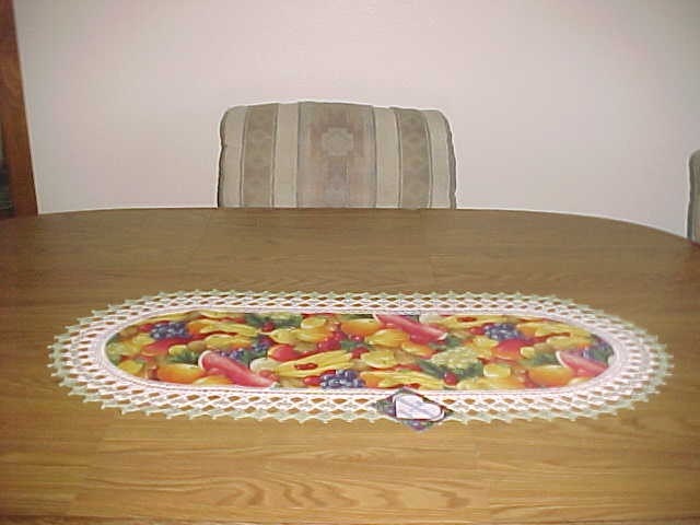 Crocheted Table Runner Fruit Salad Fabric Center Crocheted Edging
