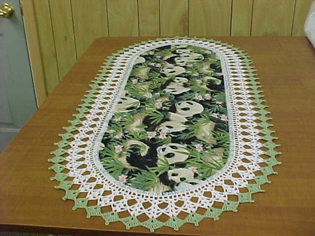 Crocheted Panda Bear Table Runner Crocheted Edge Fabric Center