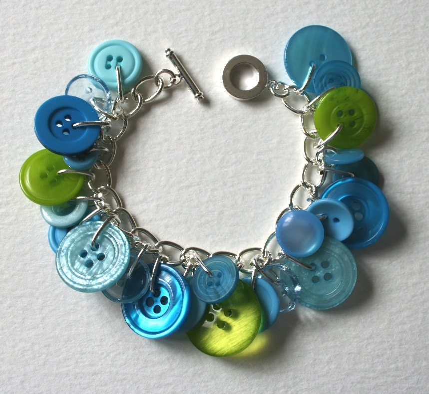 Button Bracelet Aqua Blue with Lime Splash