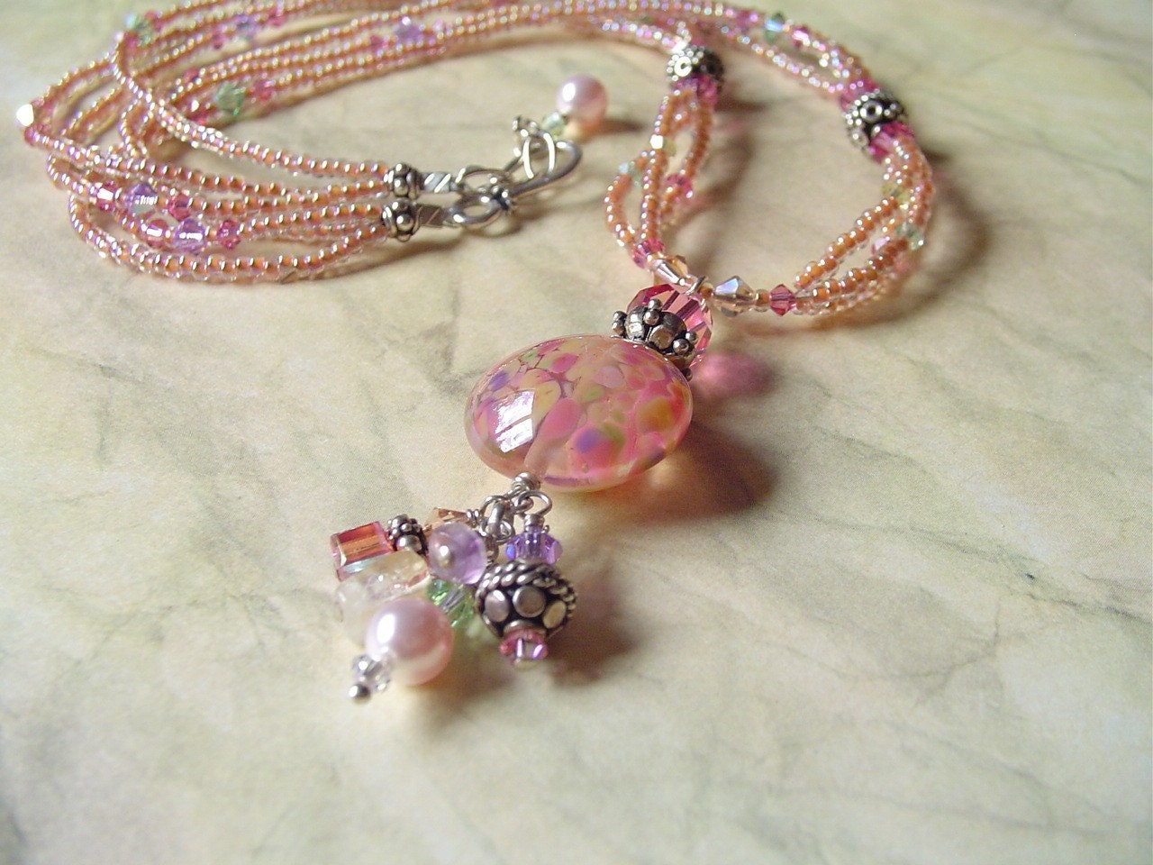 Lampwork Glass Bead and Swarovski Crystal Beaded Handmade Necklace with Sterling Silver charms..TUTTI FRUTTII