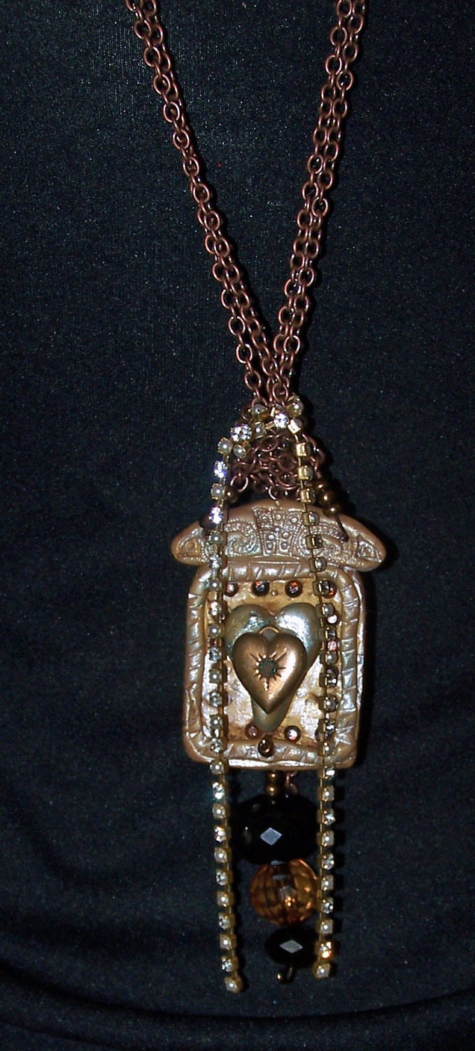 Boutique Old World Worn Brass Gold Heart Pendant Jewelry Necklace Vintage Steam Punk Ooak