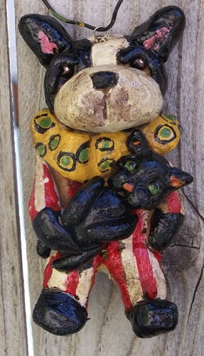 Folk Art Boston Terrier Dog Doll Halloween Ornament Whimsical Circus Party Art Doll Decoration