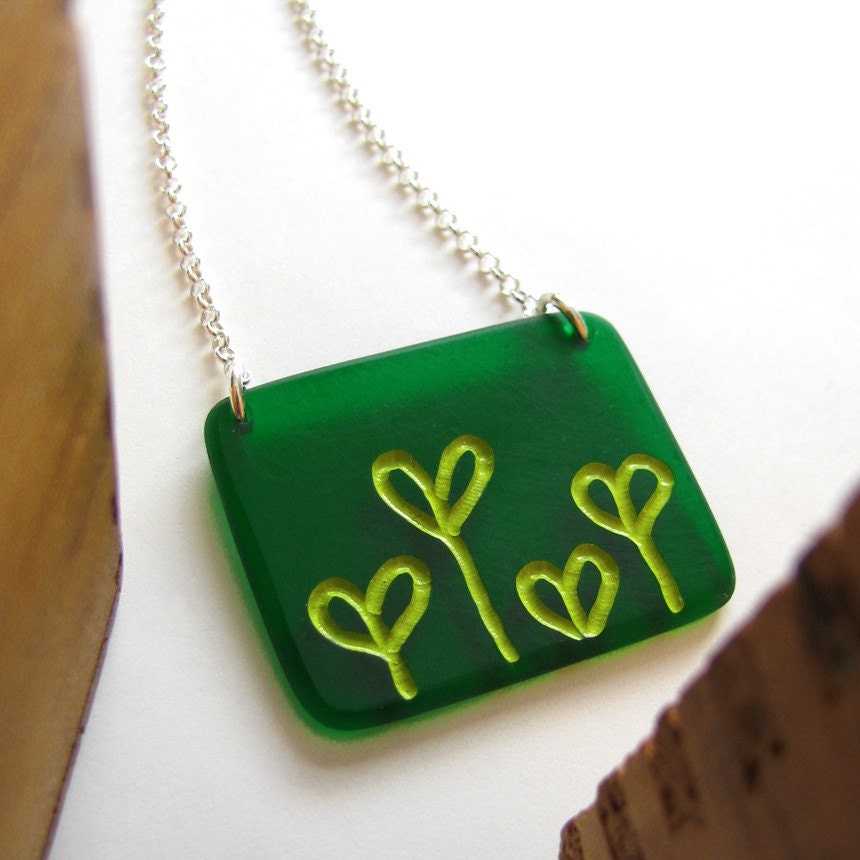 Sprout Necklace Plexi Modern Engraved Acrylic Green Grow Spring Pendant Sterling